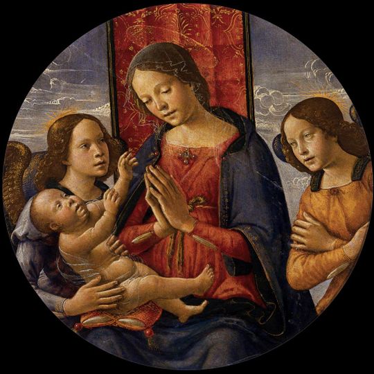 Madonna adoring the Child with two angels