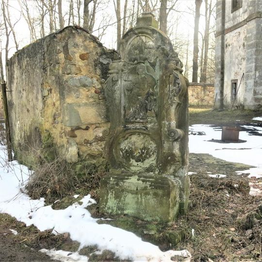 Podstavec kříže u vstupu do areálu kostela v Žibřidicích