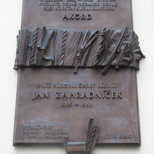 Plaque of Akord and Jan Zahradníček, Brno