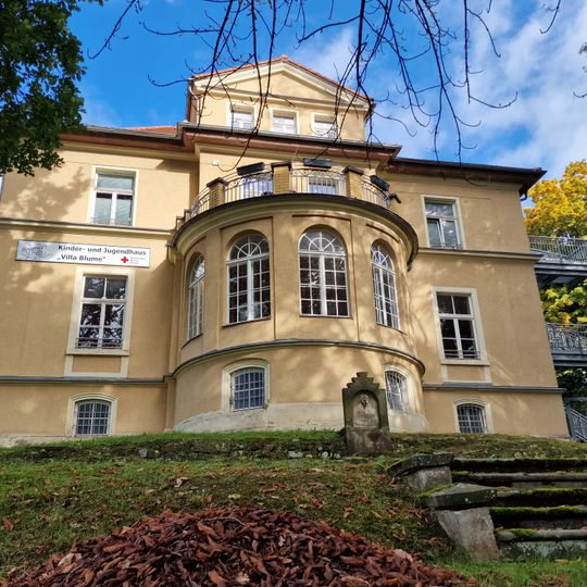 Villa und Villengarten eines ehemaligen Blumenfabrikanten mit Einfriedung Bahnhofstraße 12