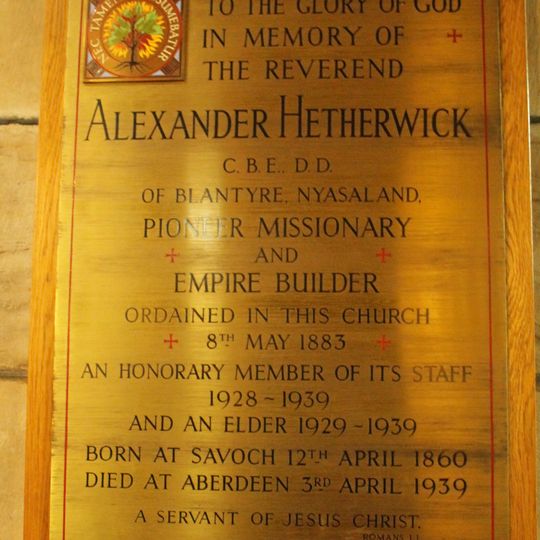 Commemorative plaque to Alexander Hetherwick