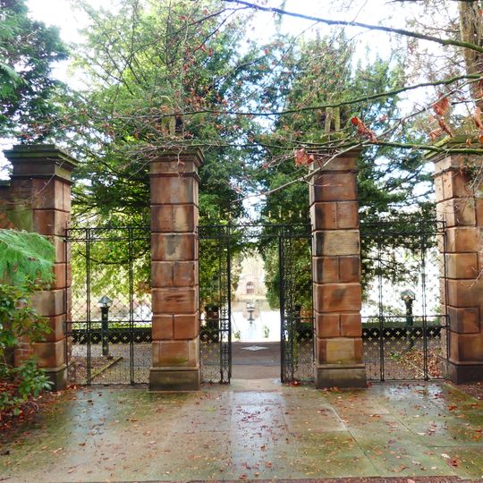 Gate piers and gates, centre of east wall of garden at Alderley Park