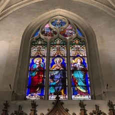 Vitrail des vertus théologales, de la Vierge à l'Enfant, de l'Annonciation et de la Trinité