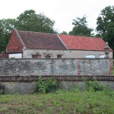 Wall with urn and orb in the grounds of Staunton Hall, 9 feet from garage