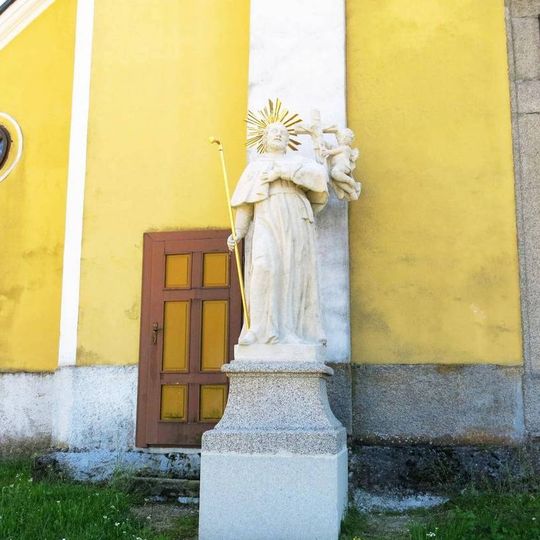 Socha světce vlevo u severního portálu kostela Nanebevzetí v Chlumu u Třeboně