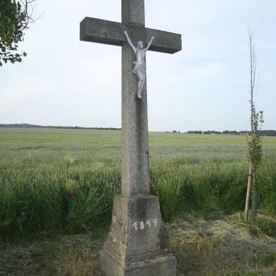 Wayside cross near crossroad near bus stop near Sokolí