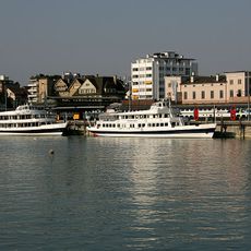 Port facility with pier, railroad station and warehouses