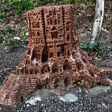 Tocón de eucalipto tallado a modo de escultura simulando un edificio o ciudad medieval abigarrada.